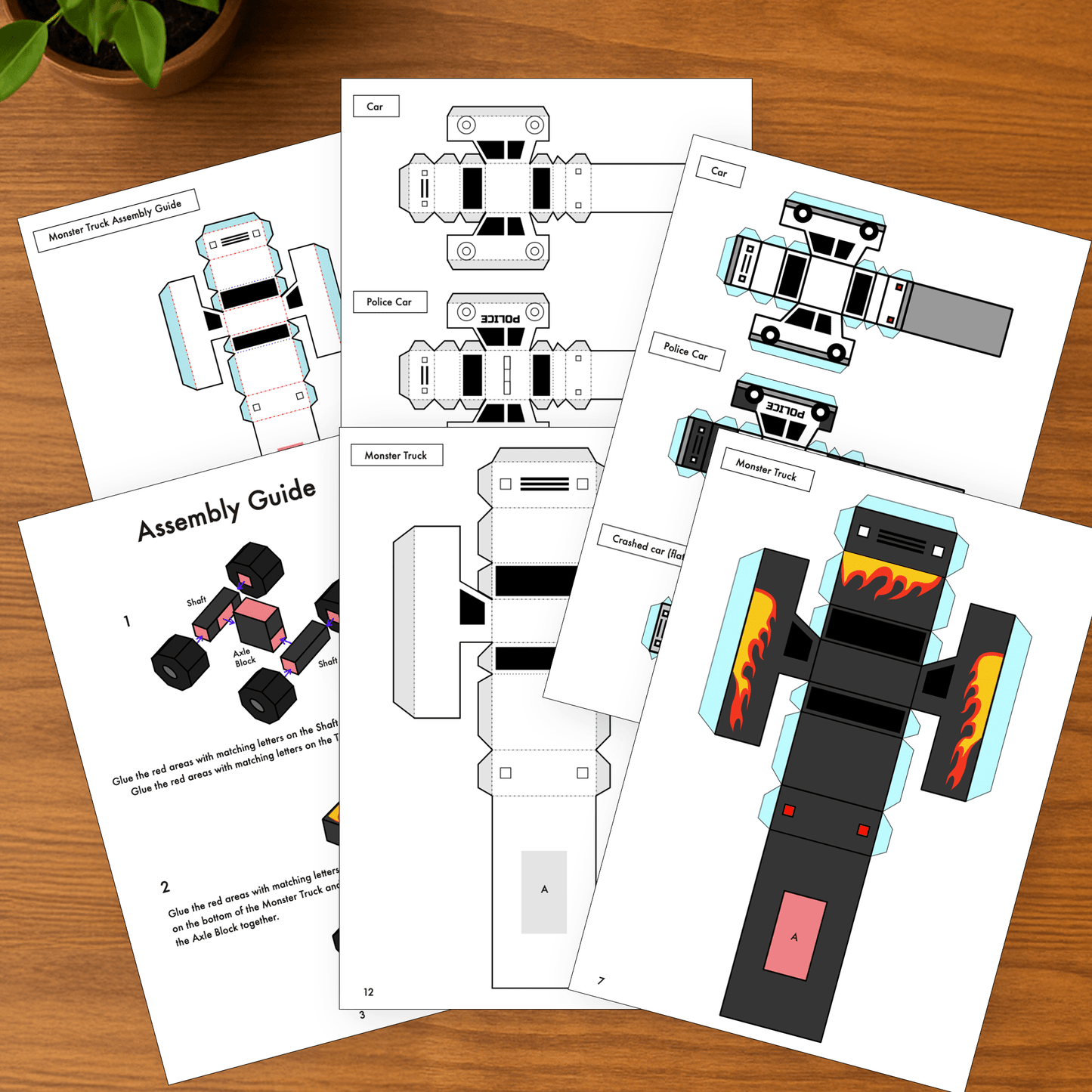 Monster Truck Papercraft – DIY STEM Kids Activity, Police Car & Crashed Sedan (PDF)