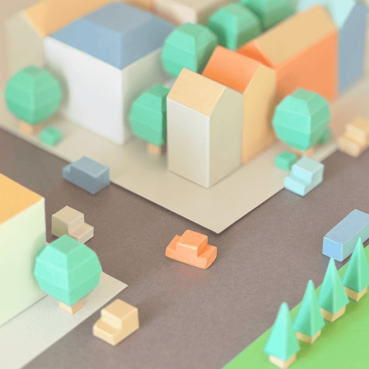Colorful Miniature Cityscape Art Print, Modern Geometric Architecture Illustration