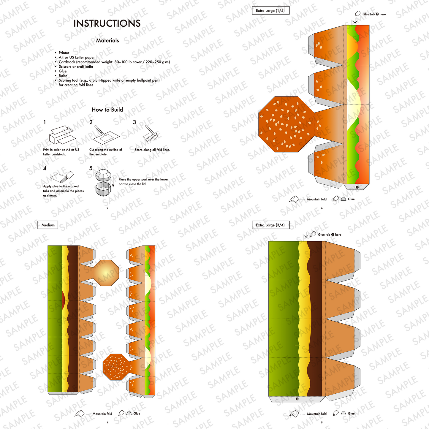 Hamburger Favor Box Papercraft Template | Four Sizes Nesting Treat Boxes (Digital Download)
