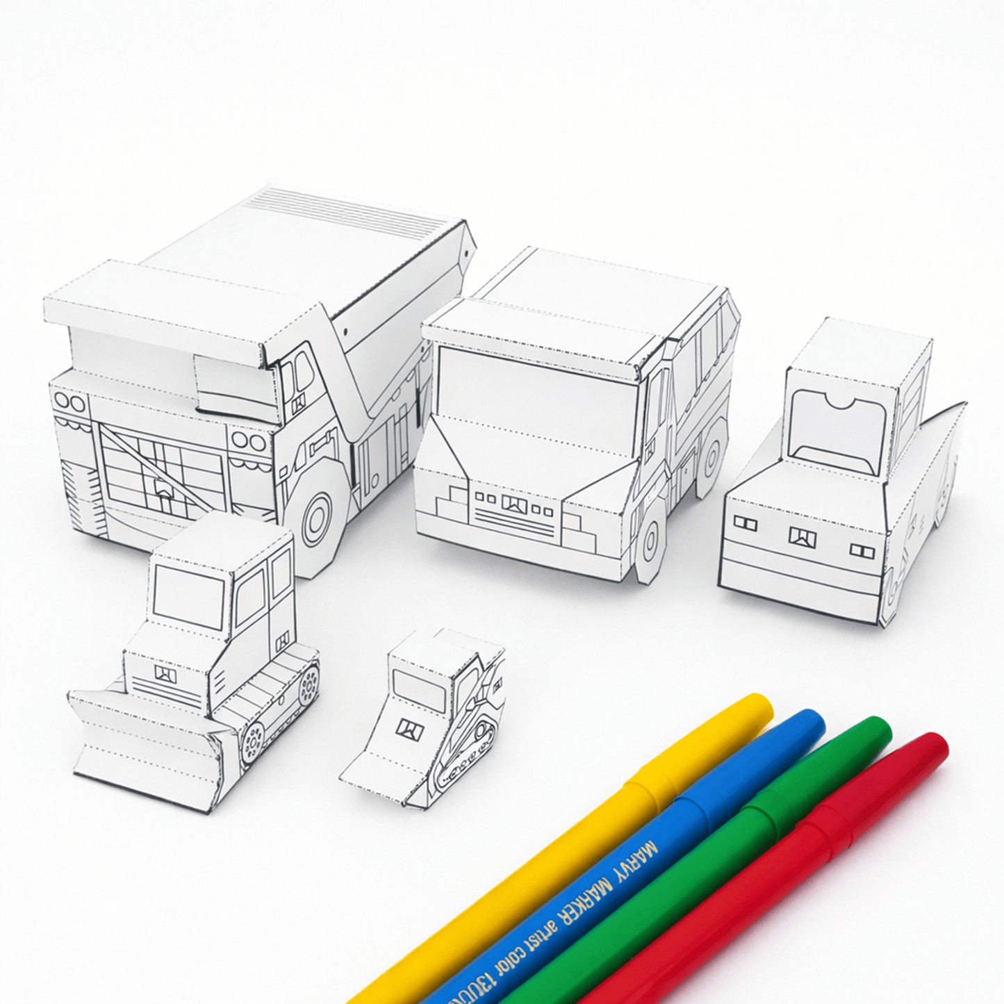 Nesting Cars Papercraft Kit: Haul Truck, Steamroller & Track Loader | Printable 3D Construction Vehicles