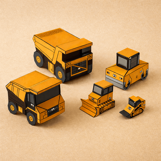 Nesting Cars Papercraft Kit: Haul Truck, Steamroller & Track Loader | Printable 3D Construction Vehicles