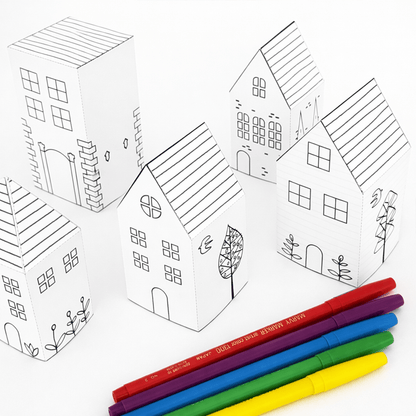 Colorful Paper House Model, Printable Village DIY Craft, Miniature House Decor (PDF Downloadable Template)