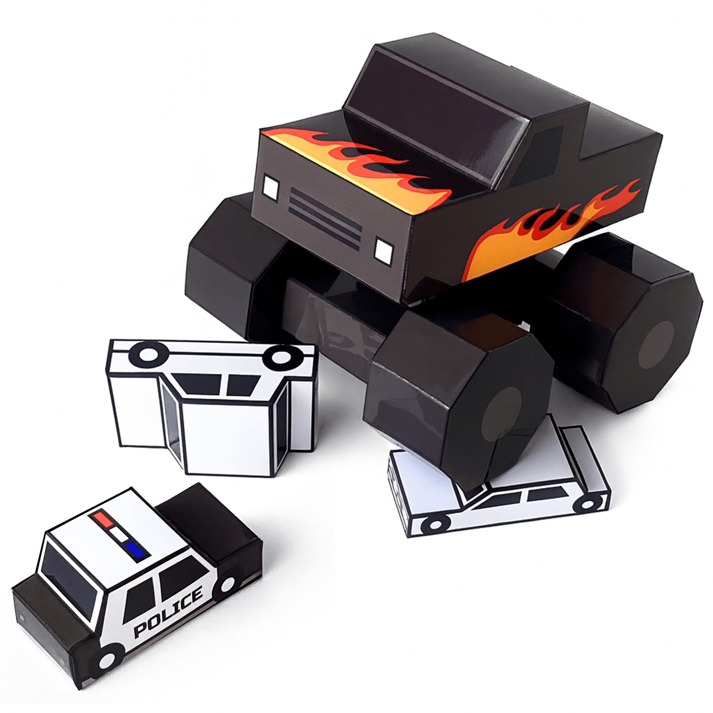 Monster Truck Papercraft – DIY STEM Kids Activity, Police Car & Crashed Sedan (PDF)