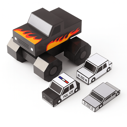 Monster Truck Papercraft – DIY STEM Kids Activity, Police Car & Crashed Sedan (PDF)