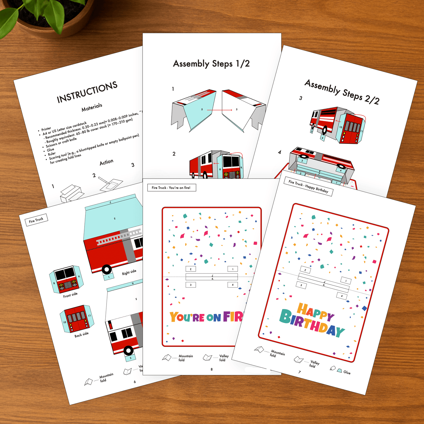 Fire Truck Pop-Up Birthday Card: 3D Papercraft Template (PDF Download)