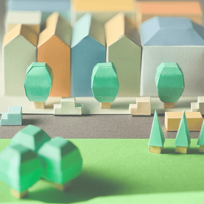 Colorful Miniature Cityscape Art Print, Modern Geometric Architecture Illustration