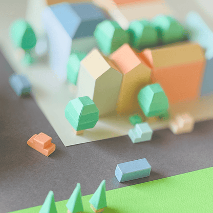 Colorful Miniature Cityscape Art Print, Modern Geometric Architecture Illustration