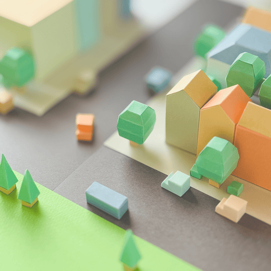 Colorful Miniature Cityscape Art Print, Modern Geometric Architecture Illustration
