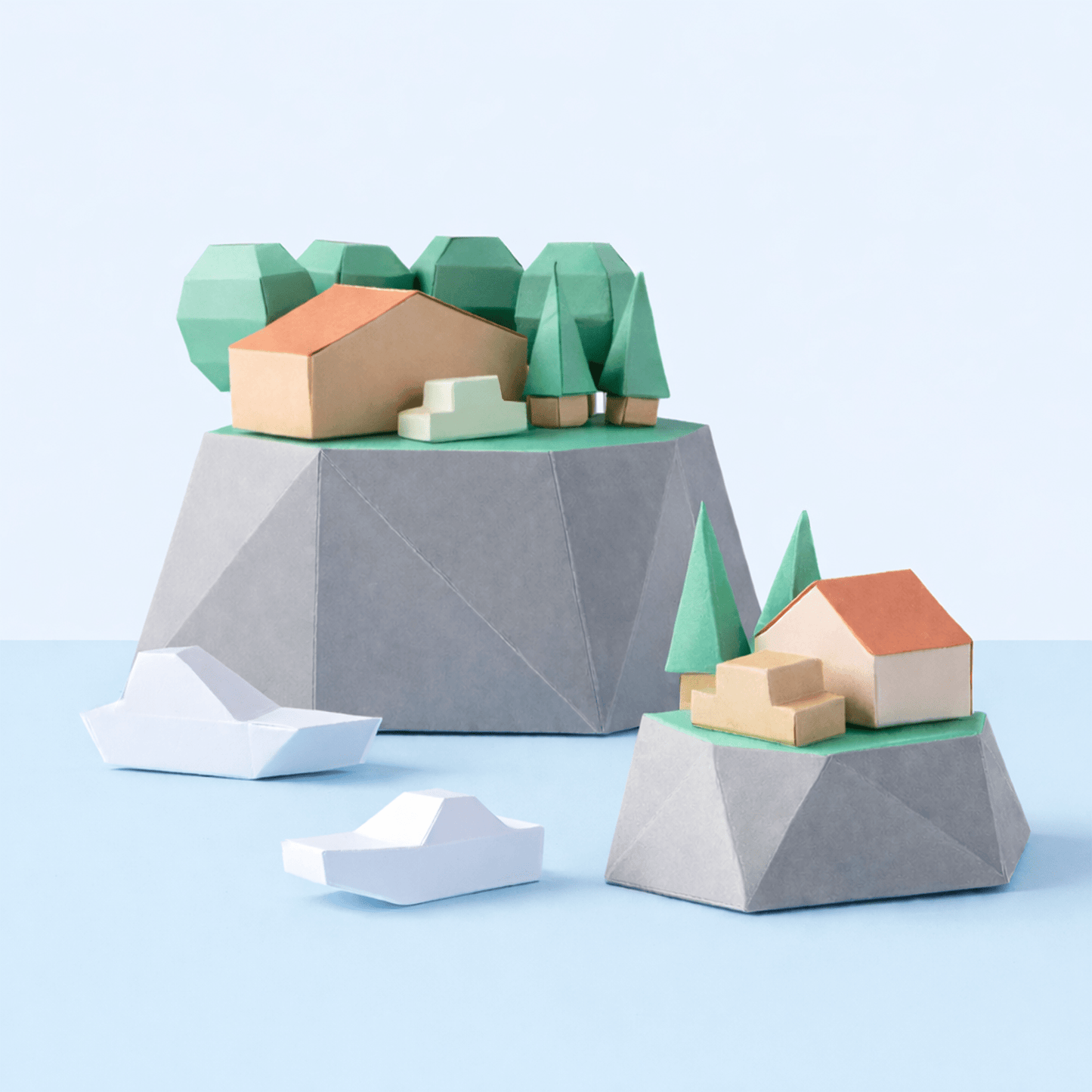 Tiny Islands Set Printable Papercraft PDF Ocean Diorama Boats Houses Trees Miniature Craft
