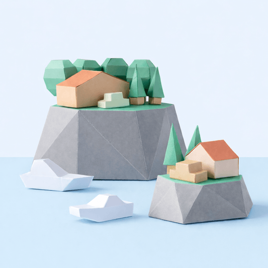 Tiny Islands Set Printable Papercraft PDF Ocean Diorama Boats Houses Trees Miniature Craft