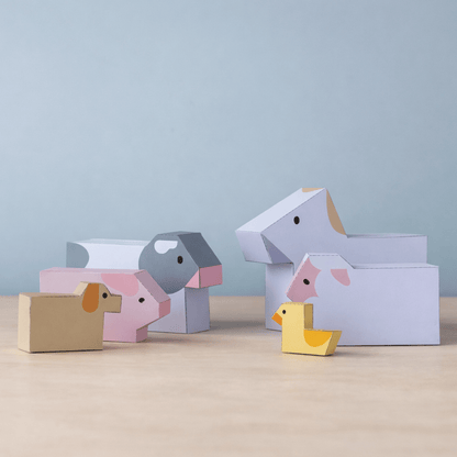 Stackable Minimal Farm Animal Papercraft Figures Set with Tuck Box, Instant PDF Download