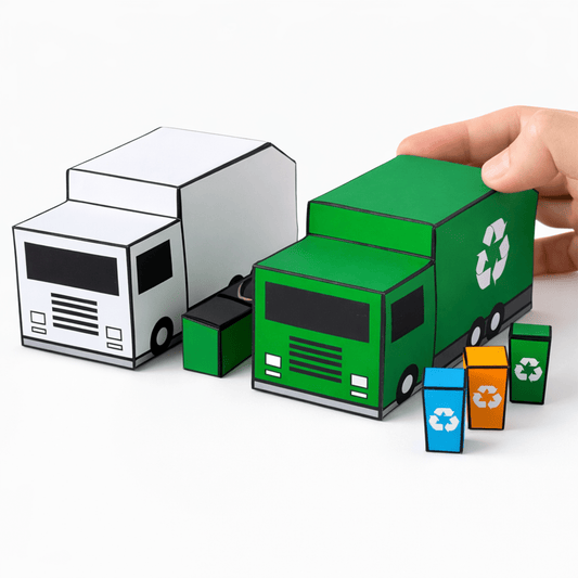 Trash Truck & Recycling Truck Papercraft Set, Dumpster, Recycling Bins, Storage Box, Printable PDF Template | Kids Craft Digital Playset DIY