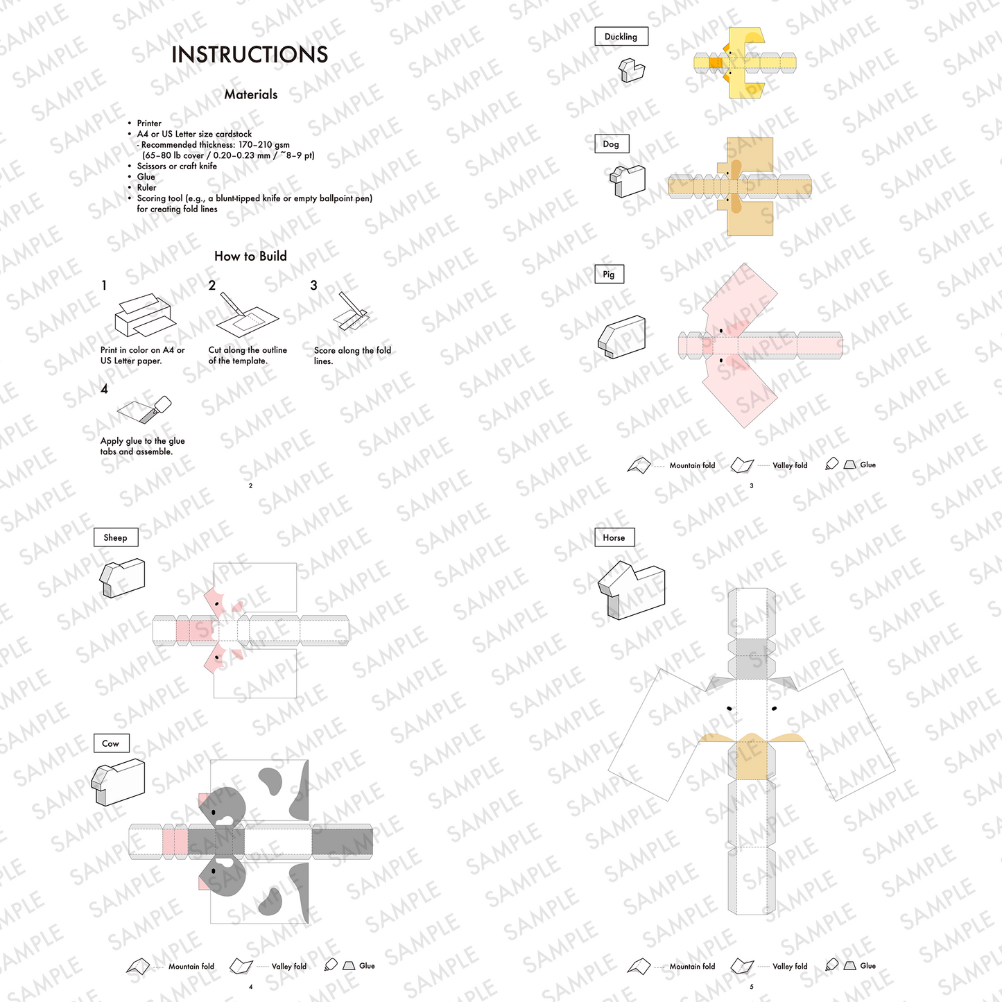 Stackable Minimal Farm Animal Papercraft Figures Set with Tuck Box, Instant PDF Download
