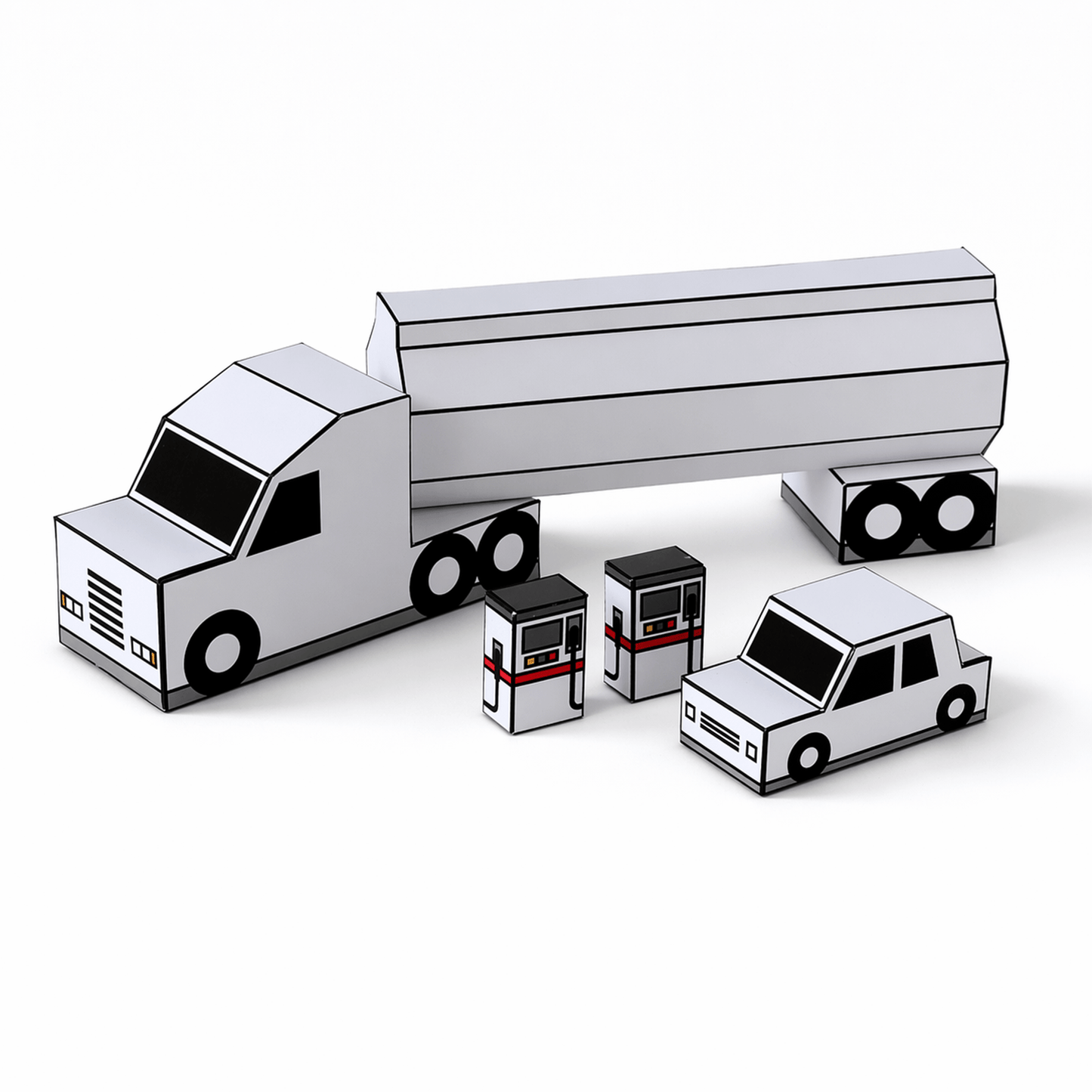 Fuel Tanker Truck Papercraft, Car & Gas Pump Set, Storage Box, Coloring Version, Printable PDF Template, Kids DIY Transport Toy Set for Play
