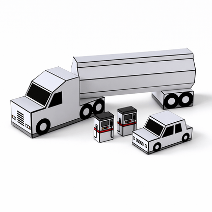Fuel Tanker Truck Papercraft, Car & Gas Pump Set, Storage Box, Coloring Version, Printable PDF Template, Kids DIY Transport Toy Set for Play