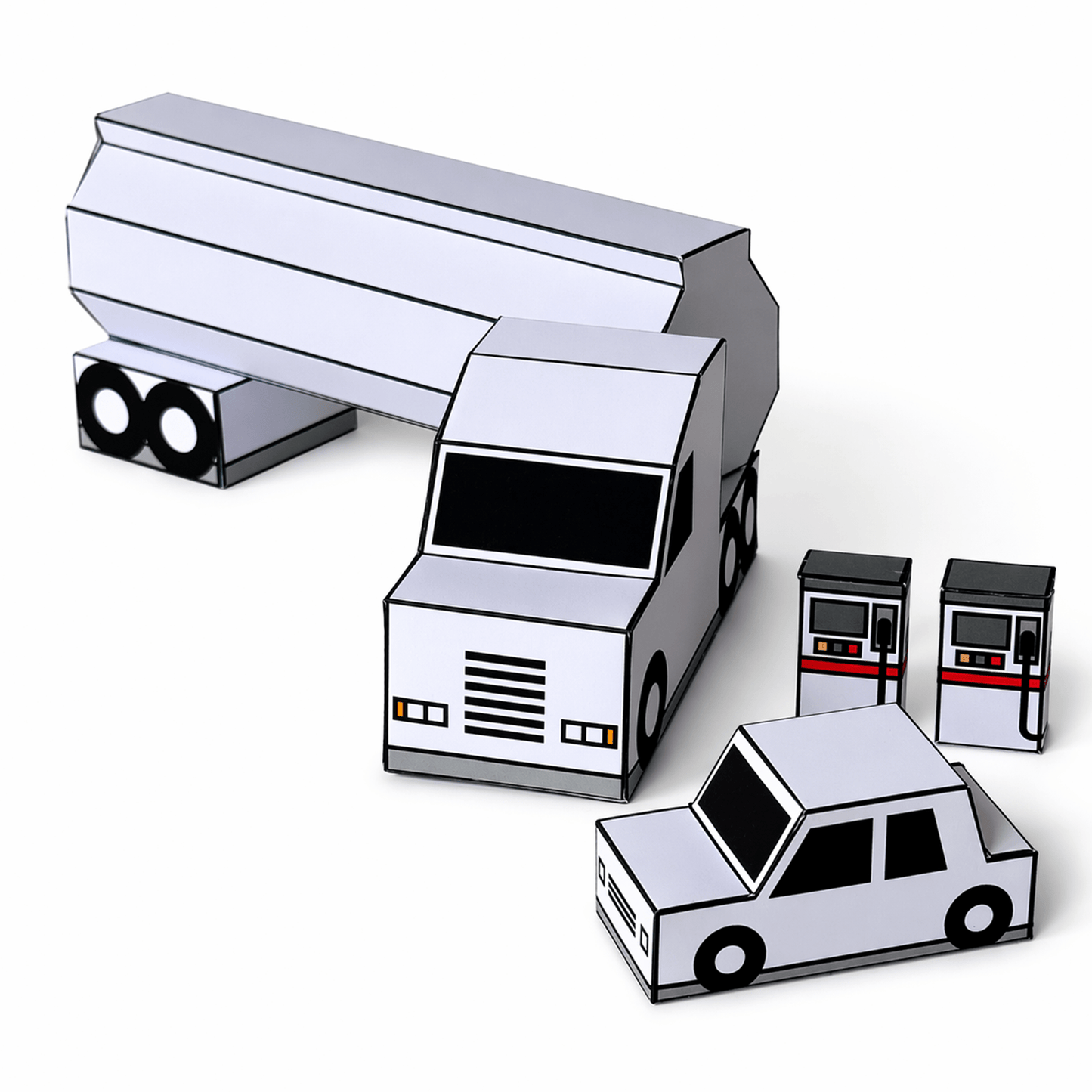 Fuel Tanker Truck Papercraft, Car & Gas Pump Set, Storage Box, Coloring Version, Printable PDF Template, Kids DIY Transport Toy Set for Play