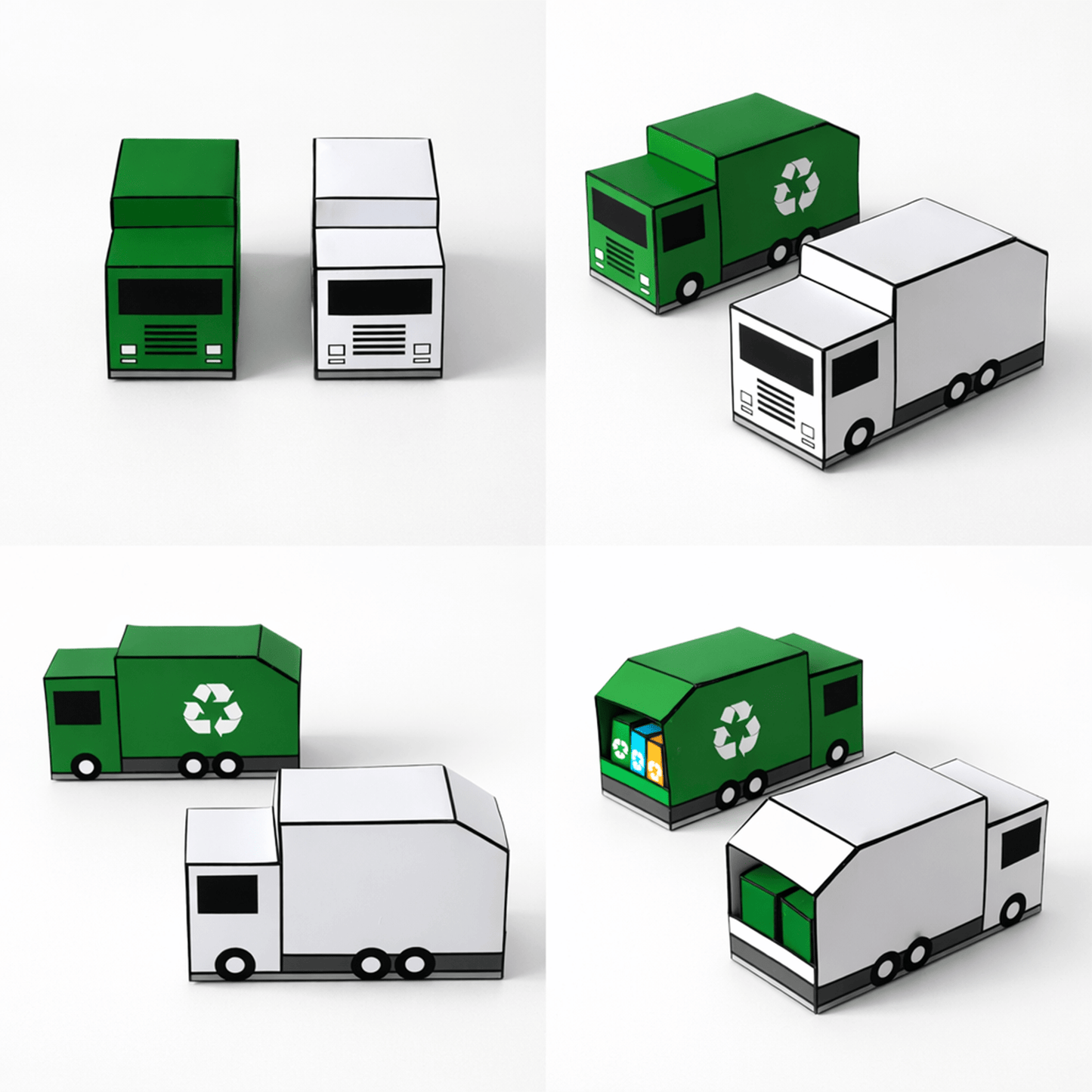 Trash Truck & Recycling Truck Papercraft Set, Dumpster, Recycling Bins, Storage Box, Printable PDF Template | Kids Craft Digital Playset DIY