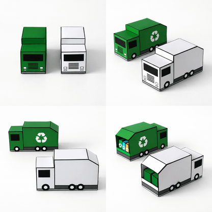 Trash Truck & Recycling Truck Papercraft Set, Dumpster, Recycling Bins, Storage Box, Printable PDF Template | Kids Craft Digital Playset DIY