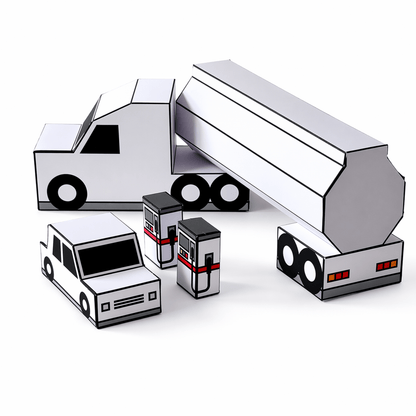 Fuel Tanker Truck Papercraft, Car & Gas Pump Set, Storage Box, Coloring Version, Printable PDF Template, Kids DIY Transport Toy Set for Play