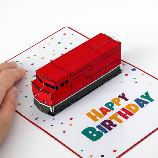 Printable Freight Locomotive Pop-Up Birthday Card | DIY 3D Papercraft Template | Train Greeting Card Kids