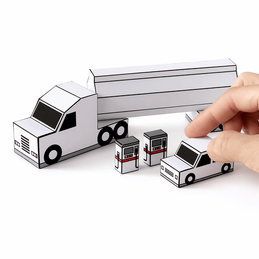 Fuel Tanker Truck Papercraft, Car & Gas Pump Set, Storage Box, Coloring Version, Printable PDF Template, Kids DIY Transport Toy Set for Play