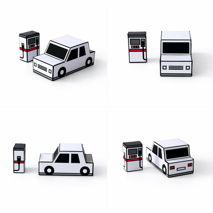 Fuel Tanker Truck Papercraft, Car & Gas Pump Set, Storage Box, Coloring Version, Printable PDF Template, Kids DIY Transport Toy Set for Play