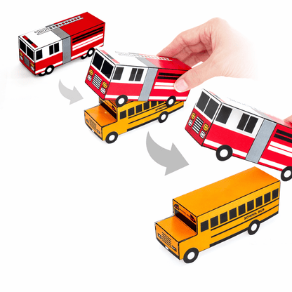 Nesting Cars Paper Craft Kit | Printable DIY 3D Vehicles for Kids | Fire truck, School Bus, Police Car, Ambulance | Stackable Paper Toys