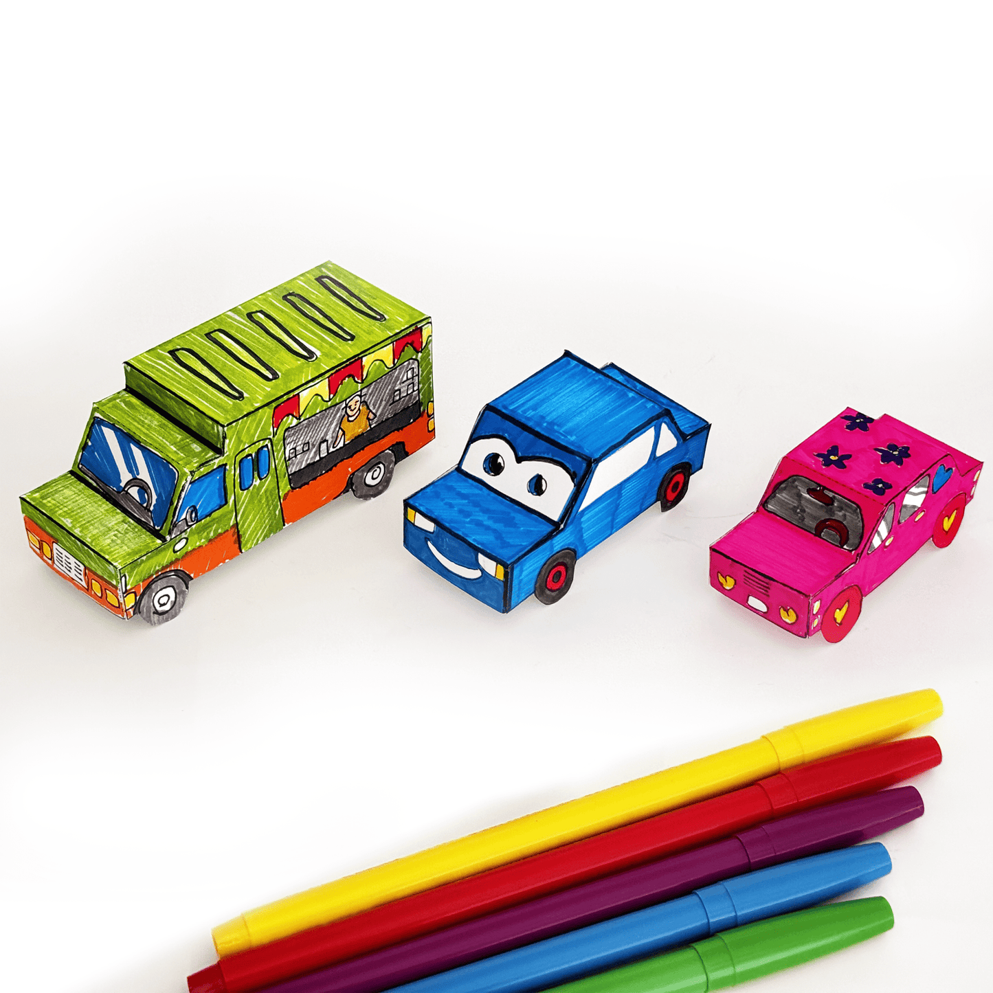 Nesting Cars Paper Craft Kit | Printable DIY 3D Vehicles for Kids | Fire truck, School Bus, Police Car, Ambulance | Stackable Paper Toys