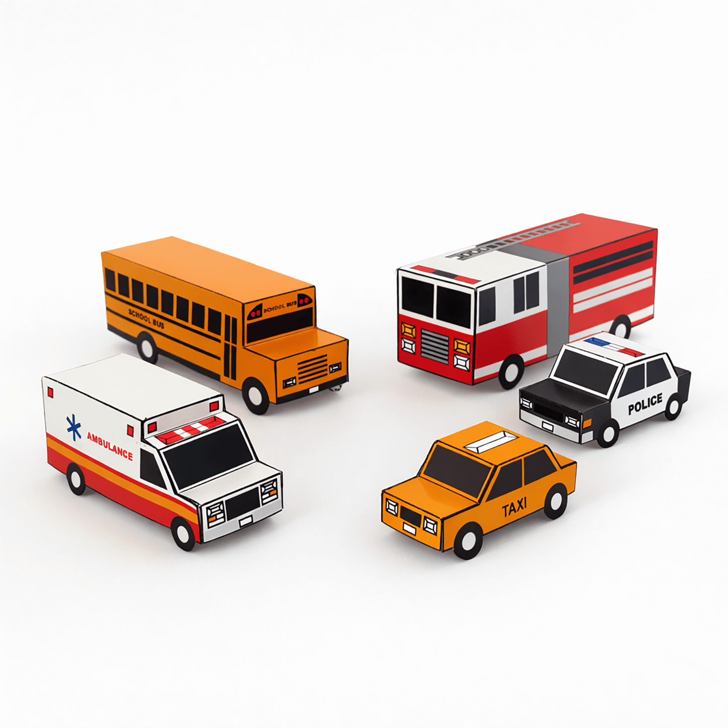 Nesting Cars Paper Craft Kit | Printable DIY 3D Vehicles for Kids | Fire truck, School Bus, Police Car, Ambulance | Stackable Paper Toys