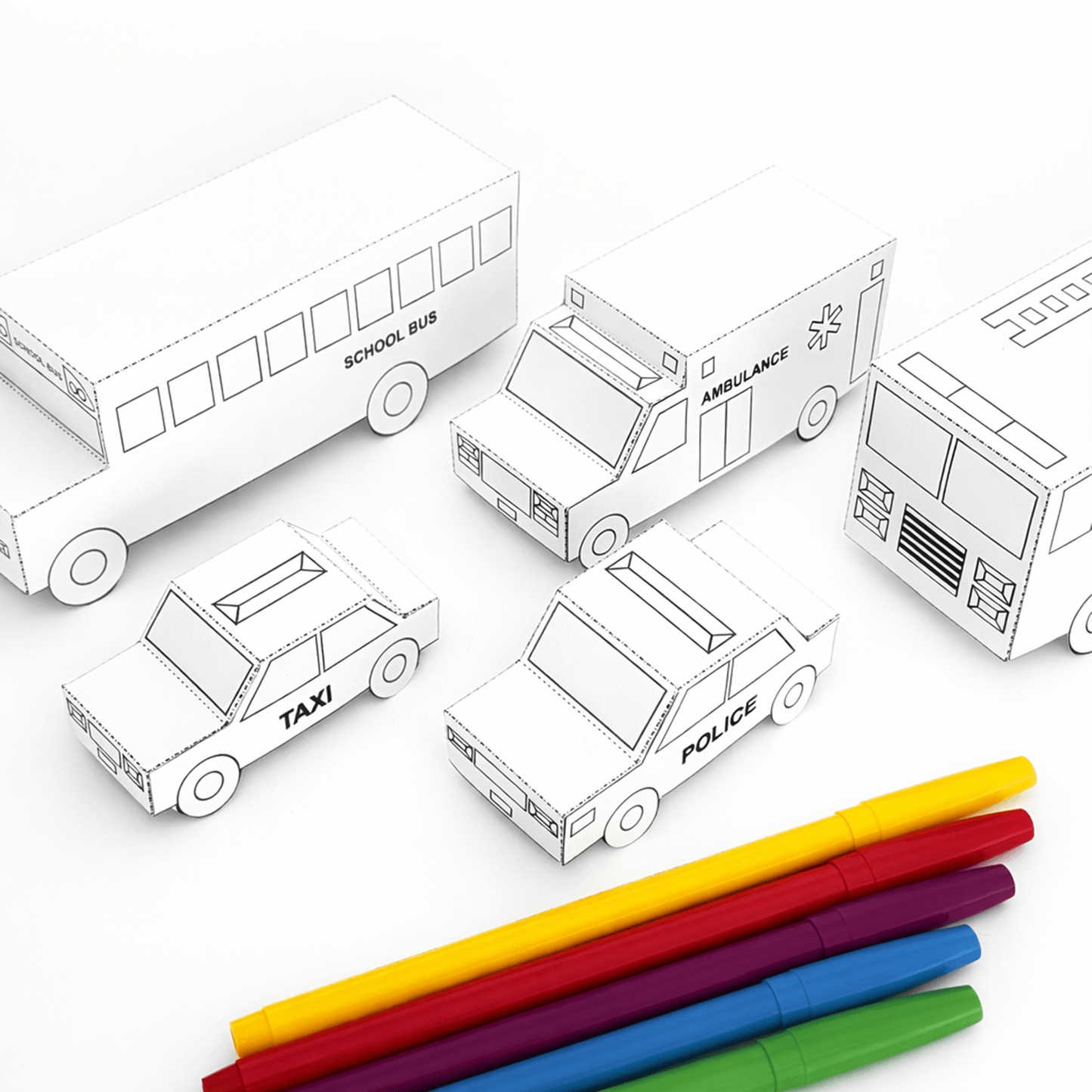 Nesting Cars Paper Craft Kit | Printable DIY 3D Vehicles for Kids | Fire truck, School Bus, Police Car, Ambulance | Stackable Paper Toys