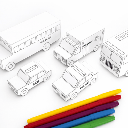 Nesting Cars Paper Craft Kit | Printable DIY 3D Vehicles for Kids | Fire truck, School Bus, Police Car, Ambulance | Stackable Paper Toys